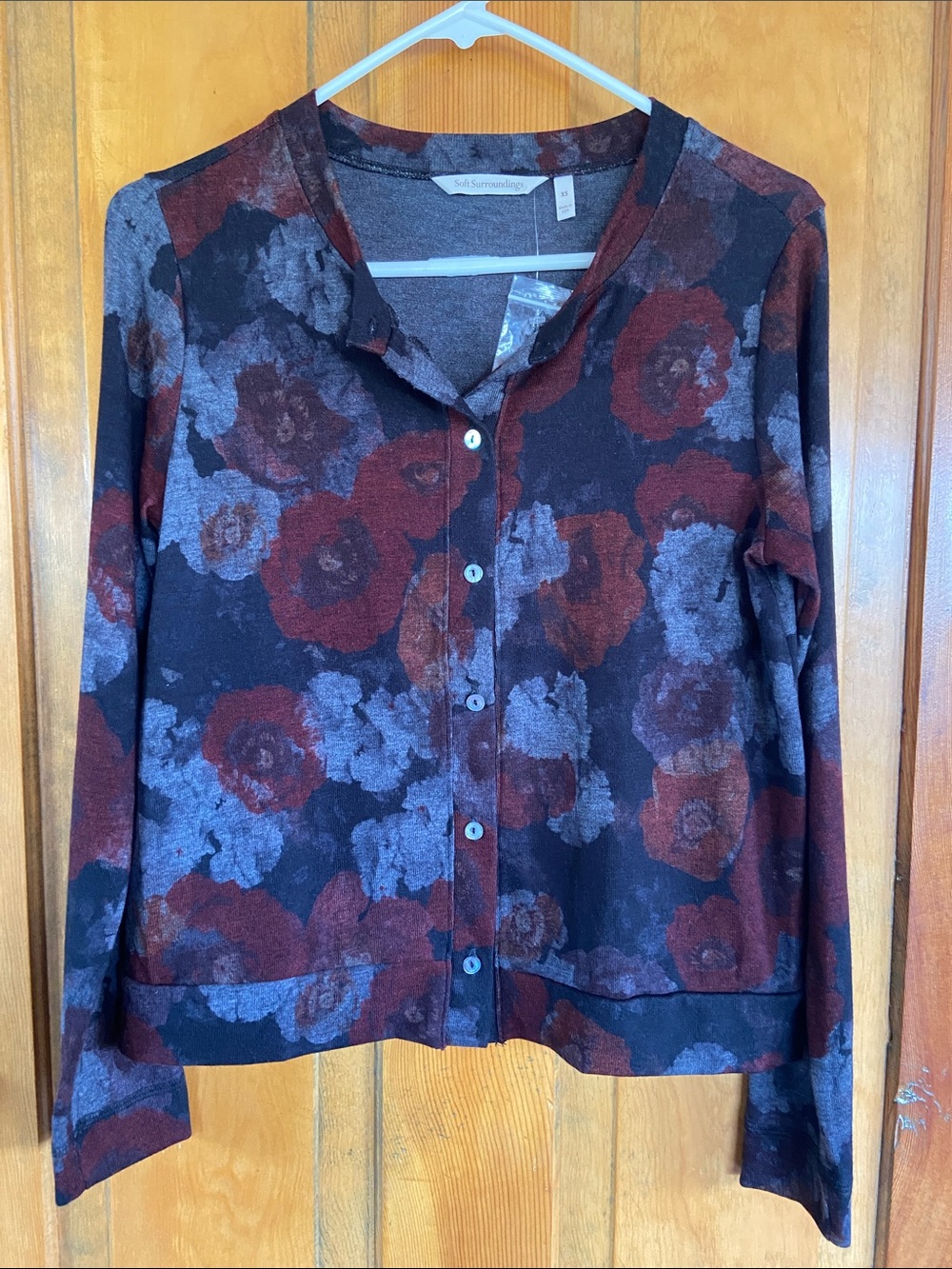 Soft Surroundings Black Cardigan with Red and Gray Floral Print